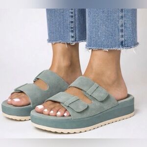 WOMEN'S REEF FROSTY GREEN OJAI GIGI LEATHER UPPER PLATFORM SANDAL SIZE 9 Suede